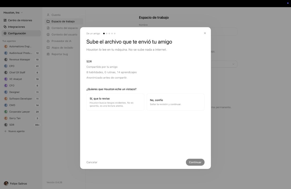 Security review dialog when bringing in someone else's agent
