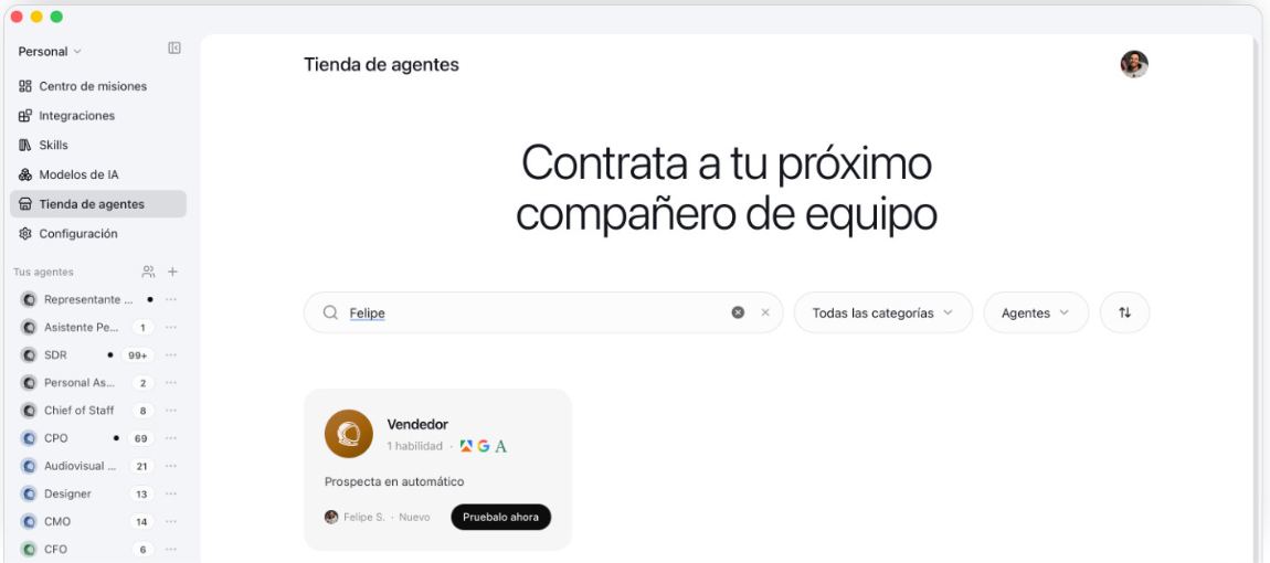 The Agent Store with Felipe typed in the search box and the Sales Rep agent