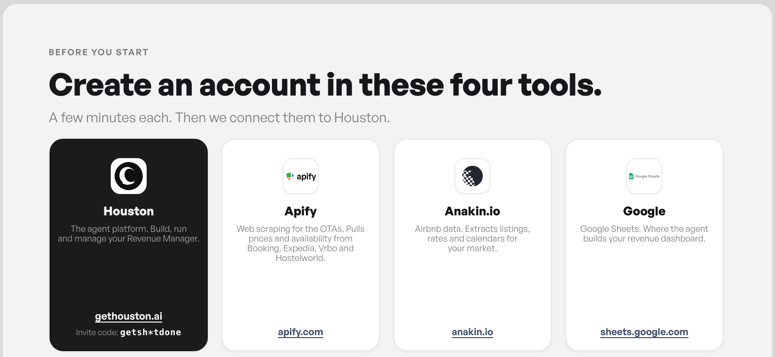 The four workshop tools: Houston, Apify, Anakin.io and Google