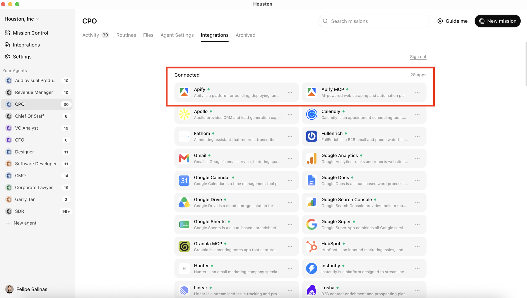 Houston Integrations section showing Apify and Apify MCP side by side, with Apify MCP as the correct option