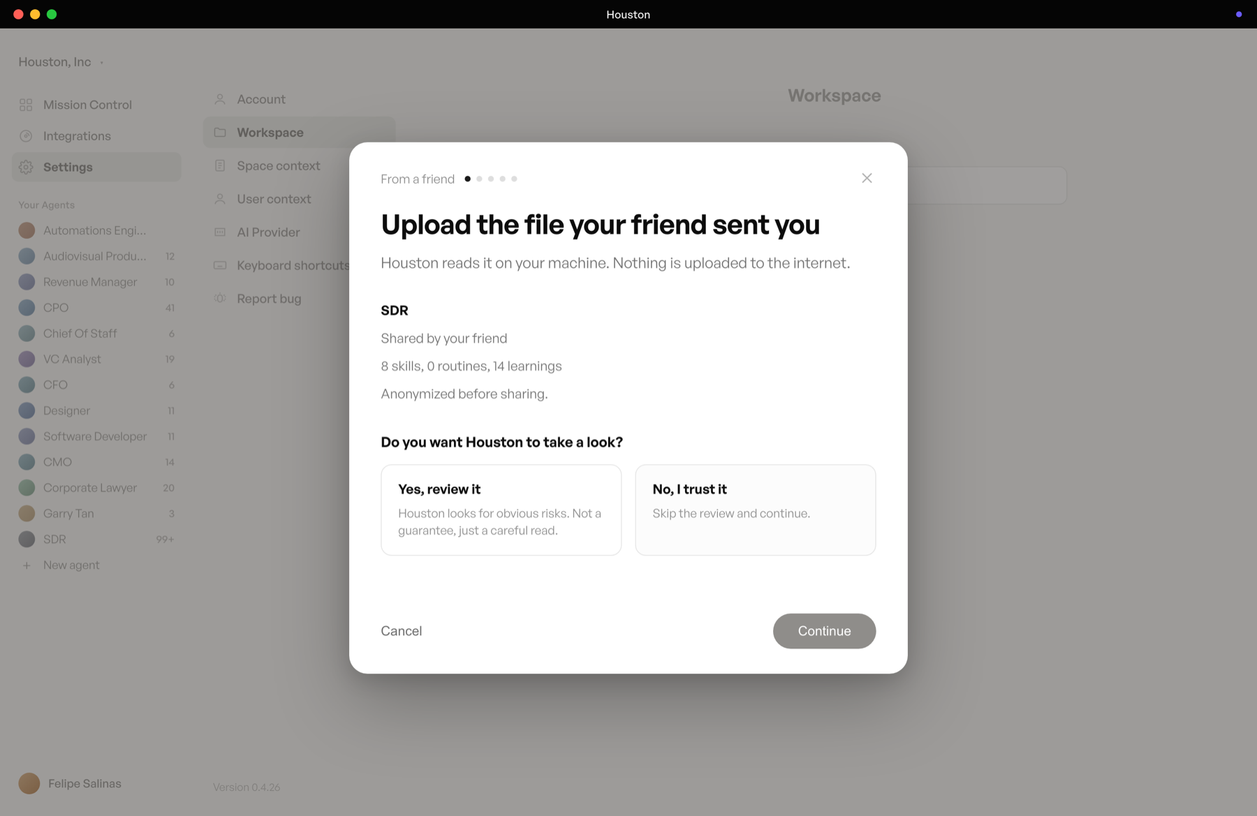 SDR agent review screen: 8 skills, 14 learnings, with the Yes review it and I don't trust it options